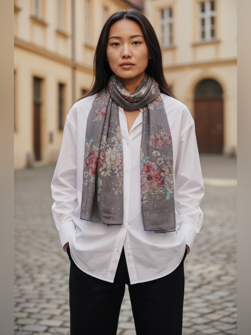 Floral Watercolor Scarf Gray Burgundy Teal Lightweight Wrap Shawl